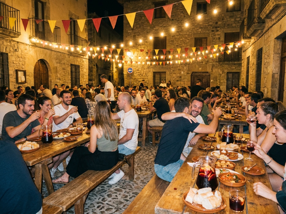Tavolate di legno con caraffe di sangria sotto le luci